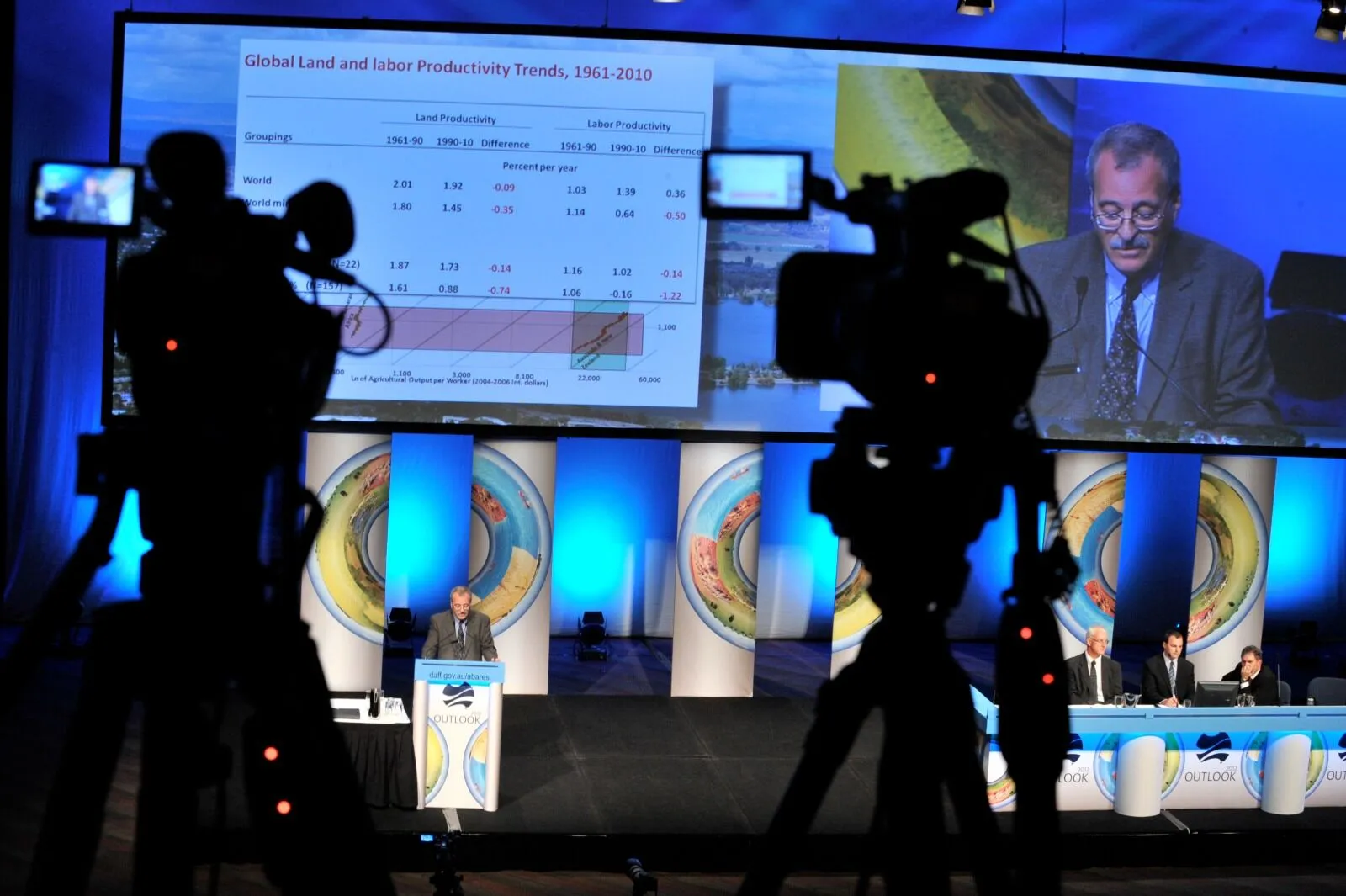 Professional live streaming setup at an international conference, featuring camera operators capturing a keynote presentation on global land and labor productivity trends, ideal for webcasting and live streaming services.
