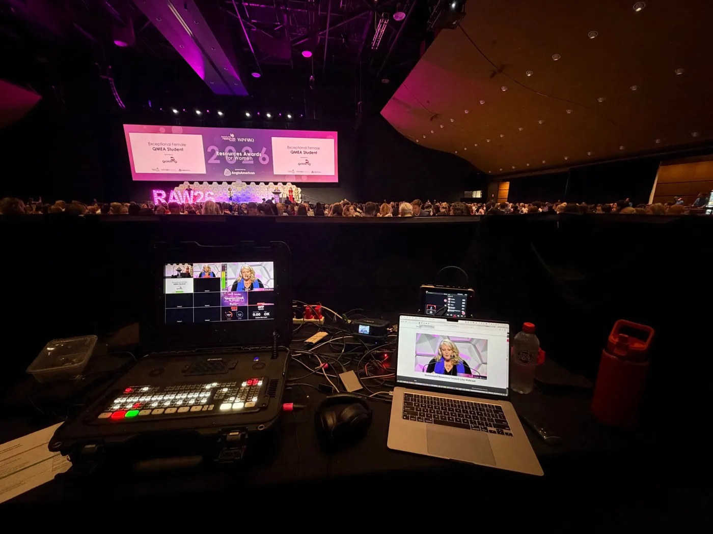 Webcasting Livestream control desk with multiview monitor and the Queensland Resources Council live webcast page
