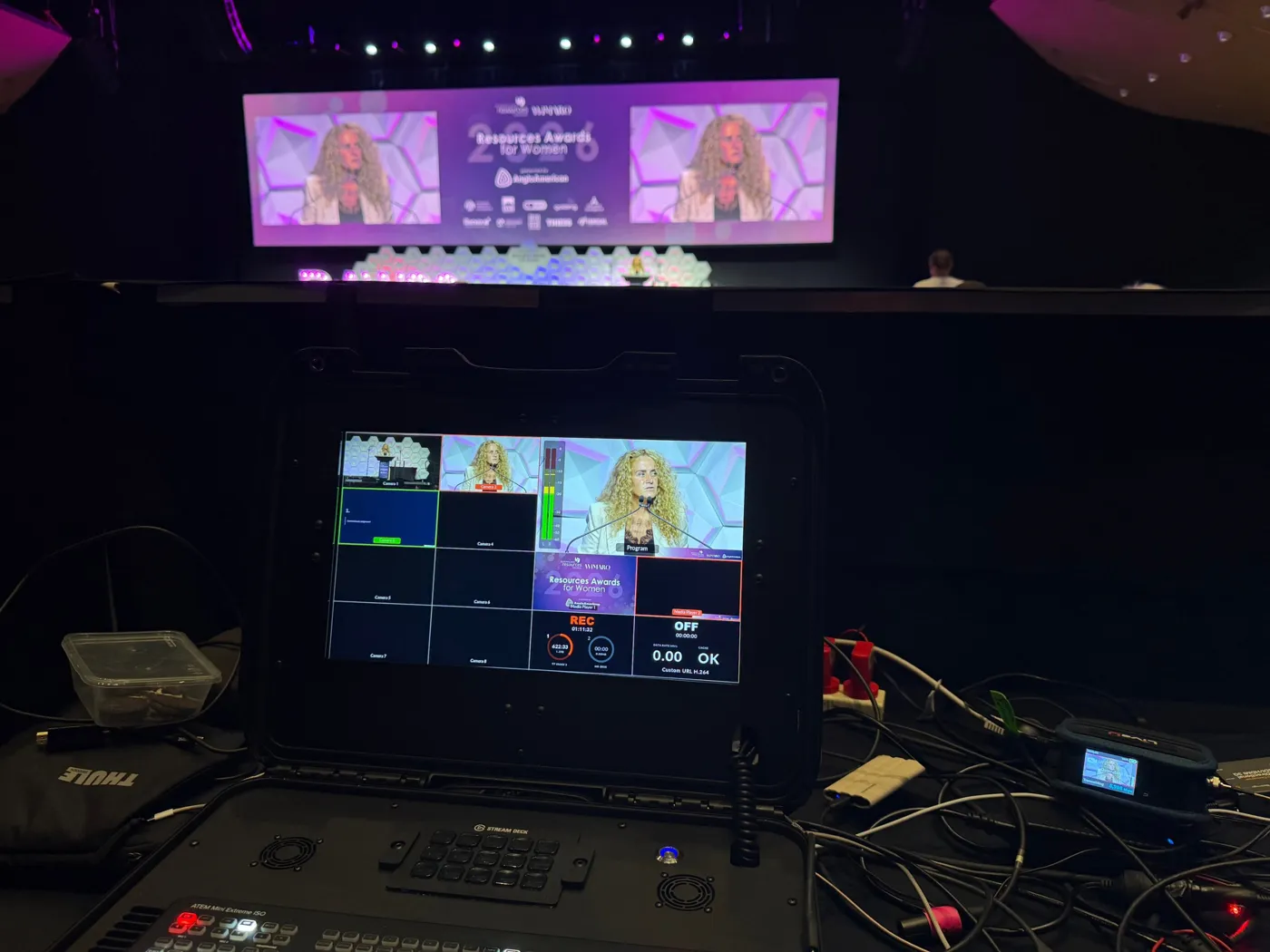 Multiview monitor and ATEM switcher with LiveU encoder streaming the QRC Resources Awards for Women 2026